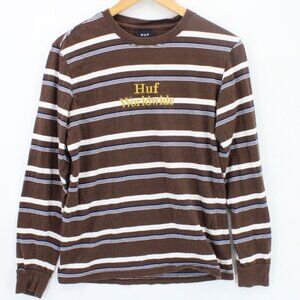 HUF Shirt Mens Brown Striped Short Sleeve HUF Worldwide Embroidered Small S
